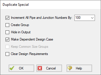 The Duplicate Special window with the Make Dependent Design Case option selected.